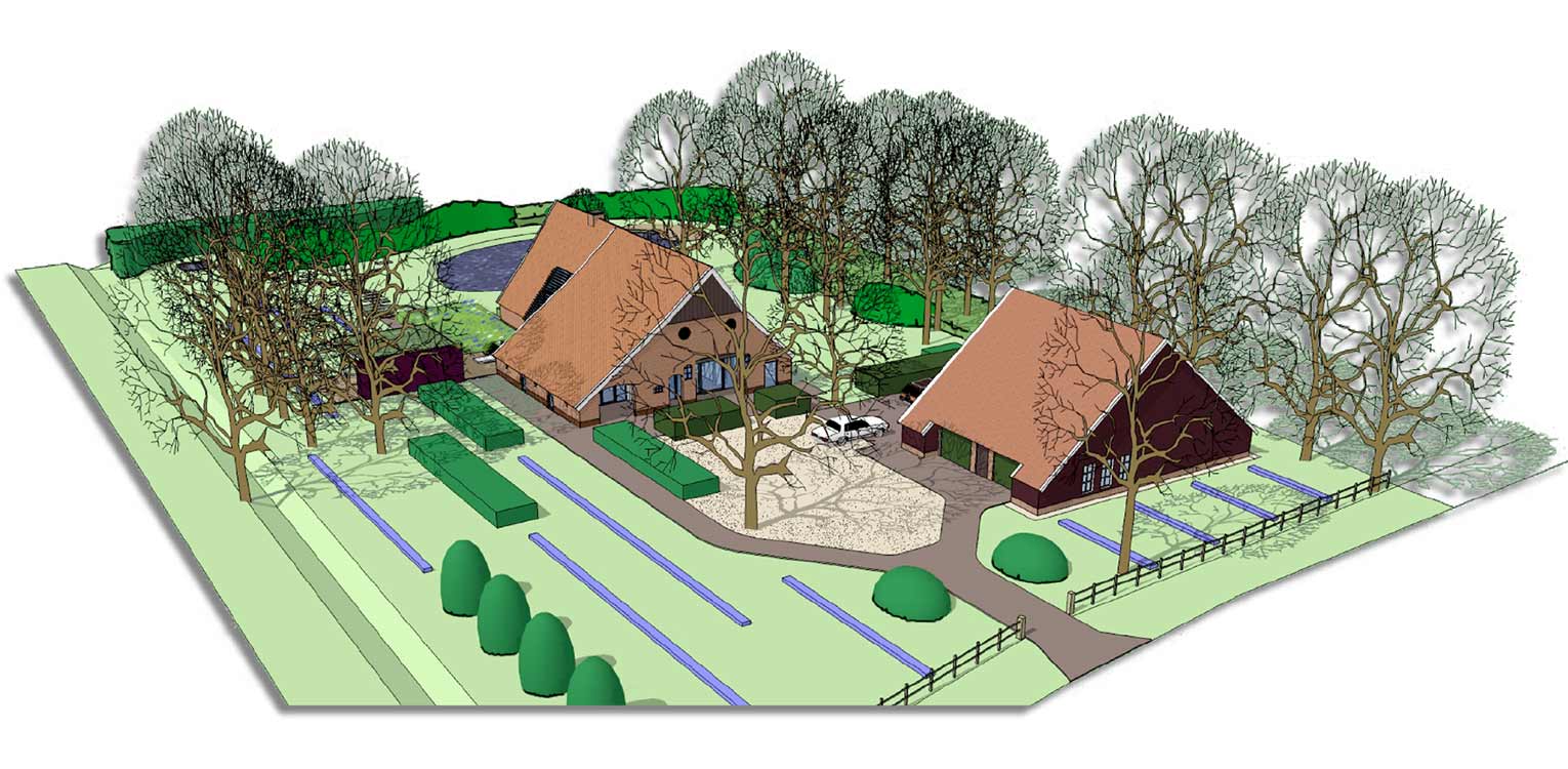 3D vogelvlucht boerderijtuin Radewijk. In het tuinplan staat de natuurlijke uitstraling centraal en sluit het harmonieus op zijn (bebouwde) omgeving aan Denkers in Tuinen.