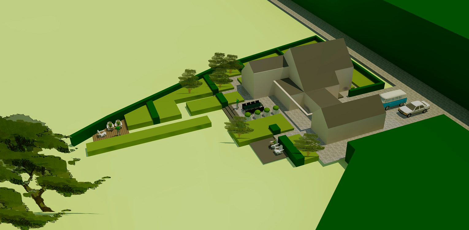 3D vogelvlucht landschappelijke tuin Wenum Wiesel. Door het vrijzetten van de majestueus uitgegroeide houtwal komt deze in het plan vorstelijk naar voren Denkers in tuinen