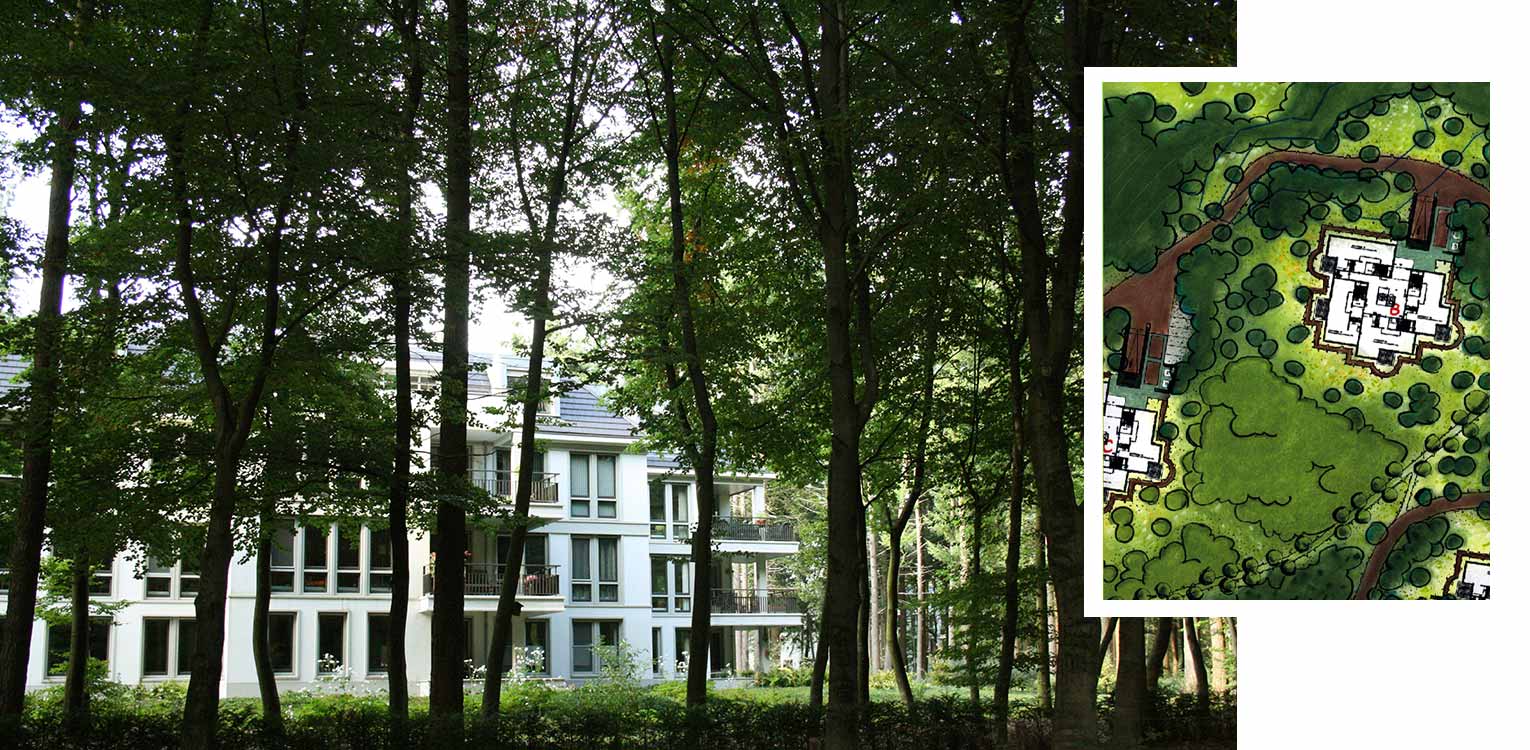 schetsontwerp bostuin Palisium Eerbeek waar 4 appartementscomplexen minutieus op een boskavel zijn ingepast met bewust bomen tot vlak aan de gebouwen Denkers in Tuinen.