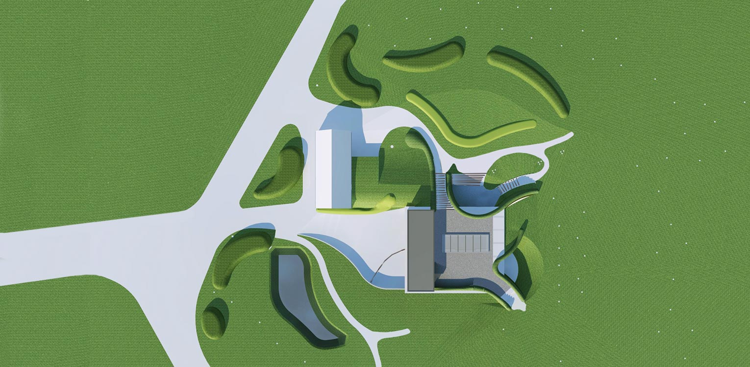 3D bovenaanzicht bostuin Ruurlo waar een reinwaterkelder een woonfunctie krijgt en het geheel in het omliggende bosgebied verankerd wordt met van nature voorkomende planten Denkers in Tuinen